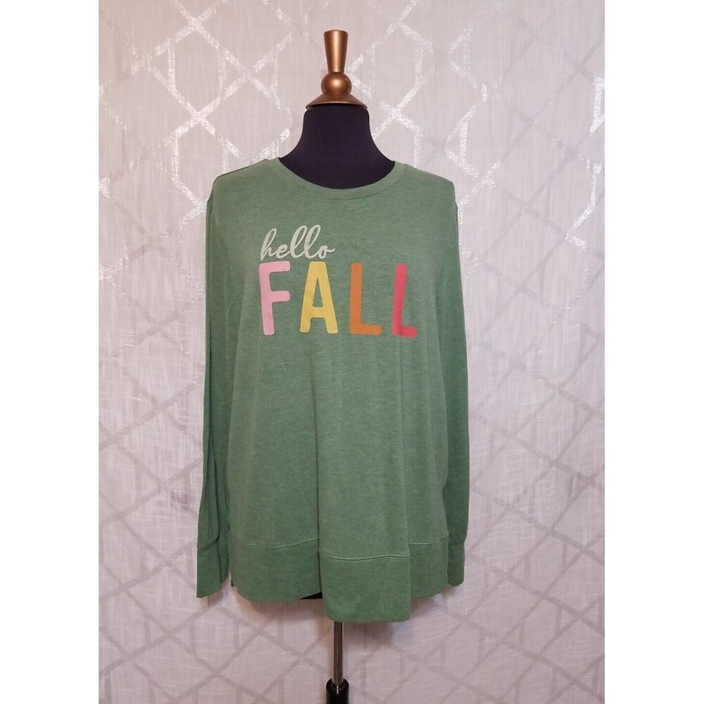 Fall Top Wumens Size 20 XXL Knit Hello Green Pullover Stretch Positive Tees